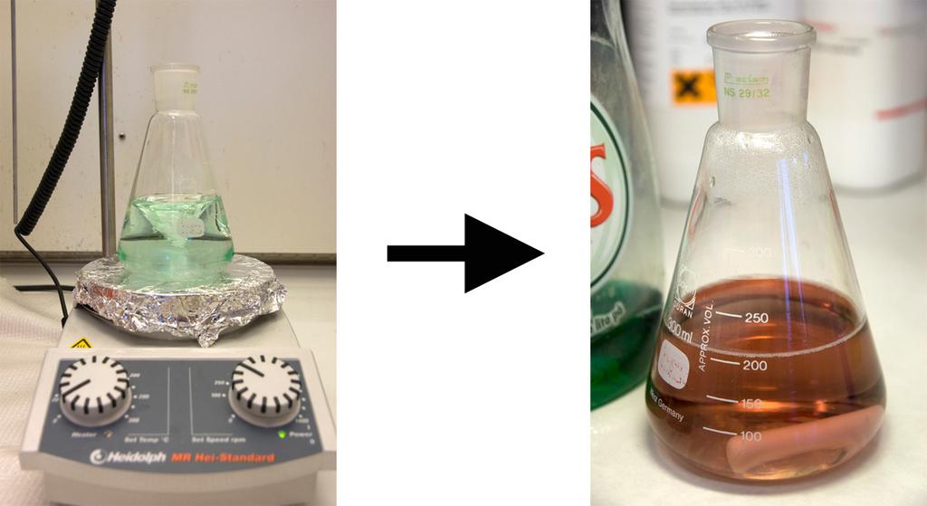 Protokoll för tillverkning av guldnano-partiklar 1. Mät upp 200ml vatten i en E-kolv. 2. Tillsätt vald reagent (t.ex 3ml Yes diskmedel) och vispa runt lösningen. Notera mängd tillsatt reagent.