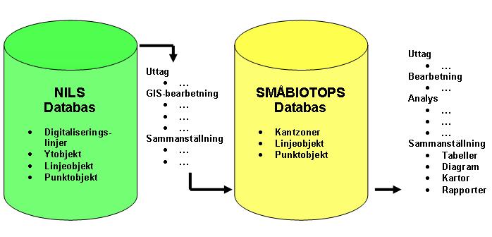 Figur 1. Konceptuell modell från NILS databas till Småbioptopsdatabas och rapportering till Jordbruksverket.