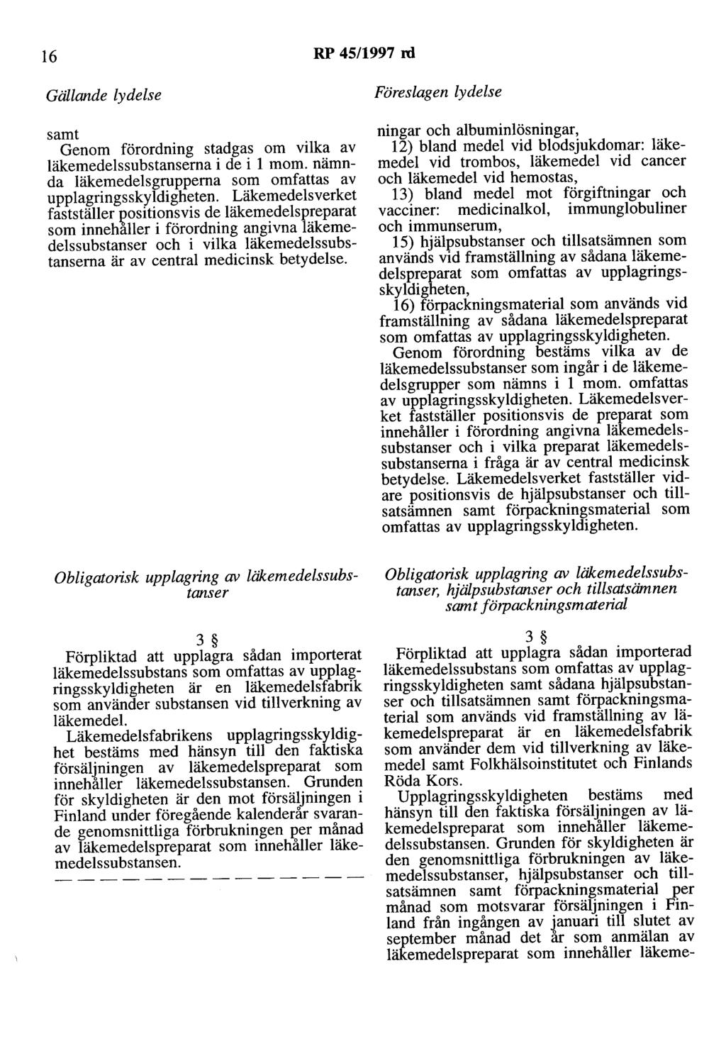 16 RP 45/1997 rd Gällande lydelse samt Genom förordning stadgas om vilka av läkemedelssubstanserna i de i l mom. nämnda läkemedelsgrupperna som omfattas av upplagringsskyldigheten.