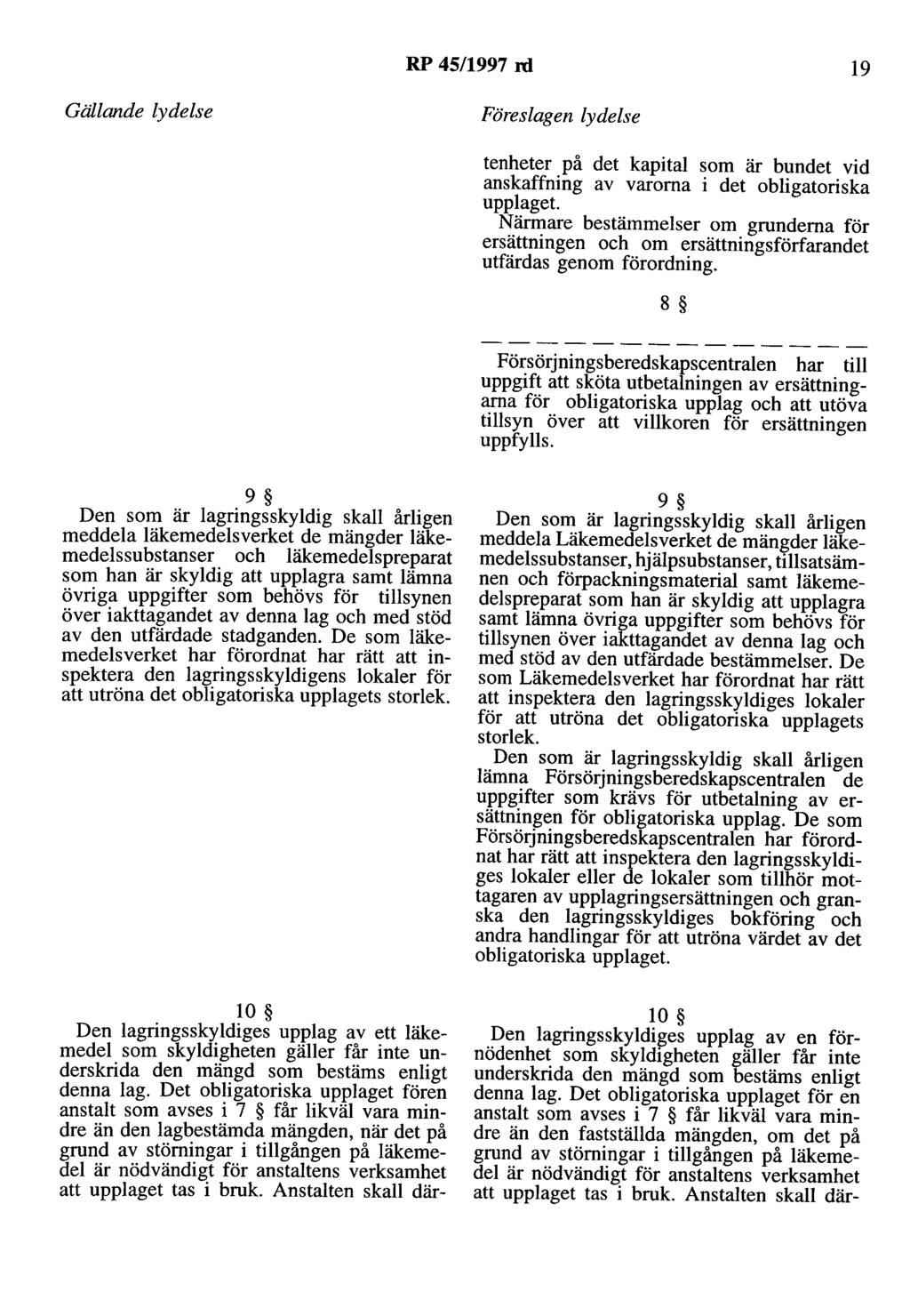 RP 45/1997 rd 19 Gällande lydelse Föreslagen lydelse tenheter på det kapital som är bundet vid anskaffning av varorna i det obligatoriska upplaget.