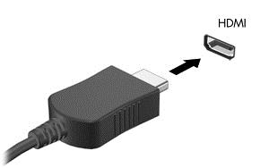 Så här ansluter du en video- eller ljudenhet till HDMI-porten: 1. Anslut den ena änden av HDMI-kabeln till HDMI-porten på datorn. 2. Anslut den andra änden av kabeln till videoenheten. 3.