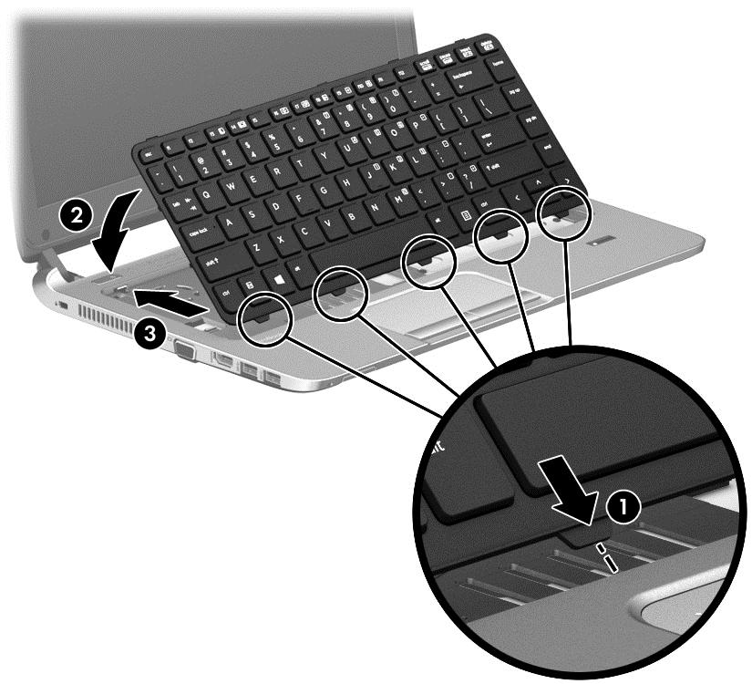 8. Skjut tangentbordet (3) mot datorns baksida tills det låses på