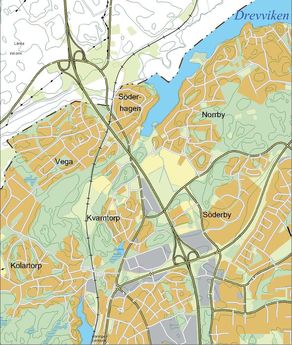 Nynäsvägen ligger i Huddinge ommun. Separat gång- och cyelväg finns ocså längs Söderbyleden från Klocarleden i söder till Söderby parväg i norr.