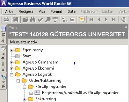 För att registrera en försäljningsorder, välj AGRESSO Logistik-