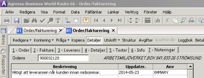 När försäljningsordern sparas, fylls användar-id och datum för uppdatering i med automatik.