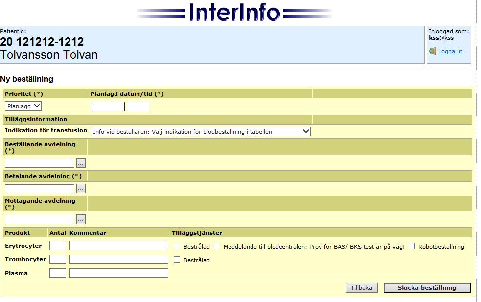Blodbeställning Under fliken Blodbeställning kan du se pågående beställningar samt reserverade blodkomponenter till patienten.