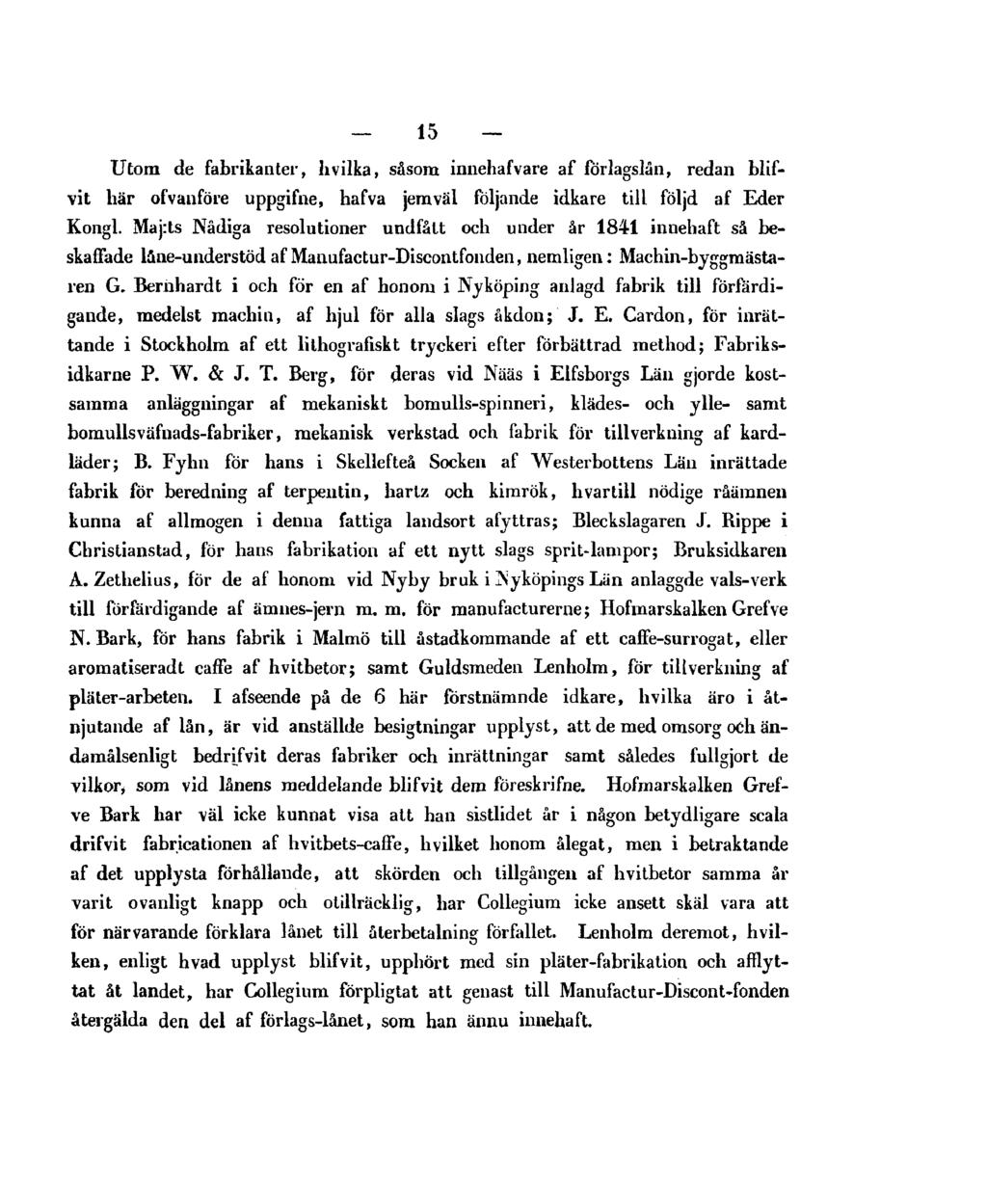 - 15 Utom de fabrikanter, hvilka, såsom innehafvare af förlagslån, redan blifvit här ofvanföre uppgifne, hafva jemväl följande idkare till följd af Eder Kongl.