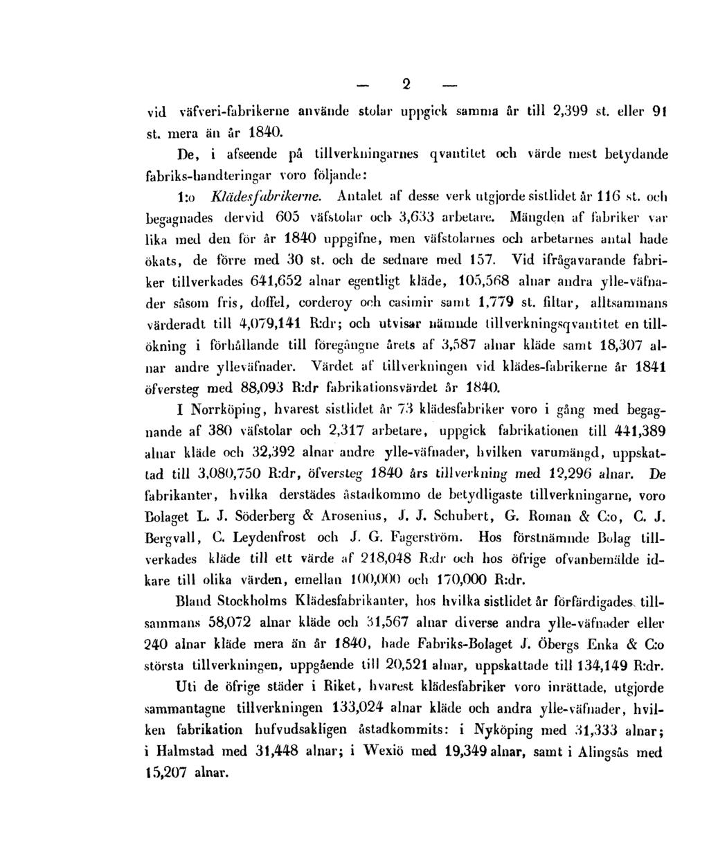 - 2 vid väfveri-fabrikerne använde stolar uppgick samma år till 2,399 st. eller 9! st. mera än år 1840.