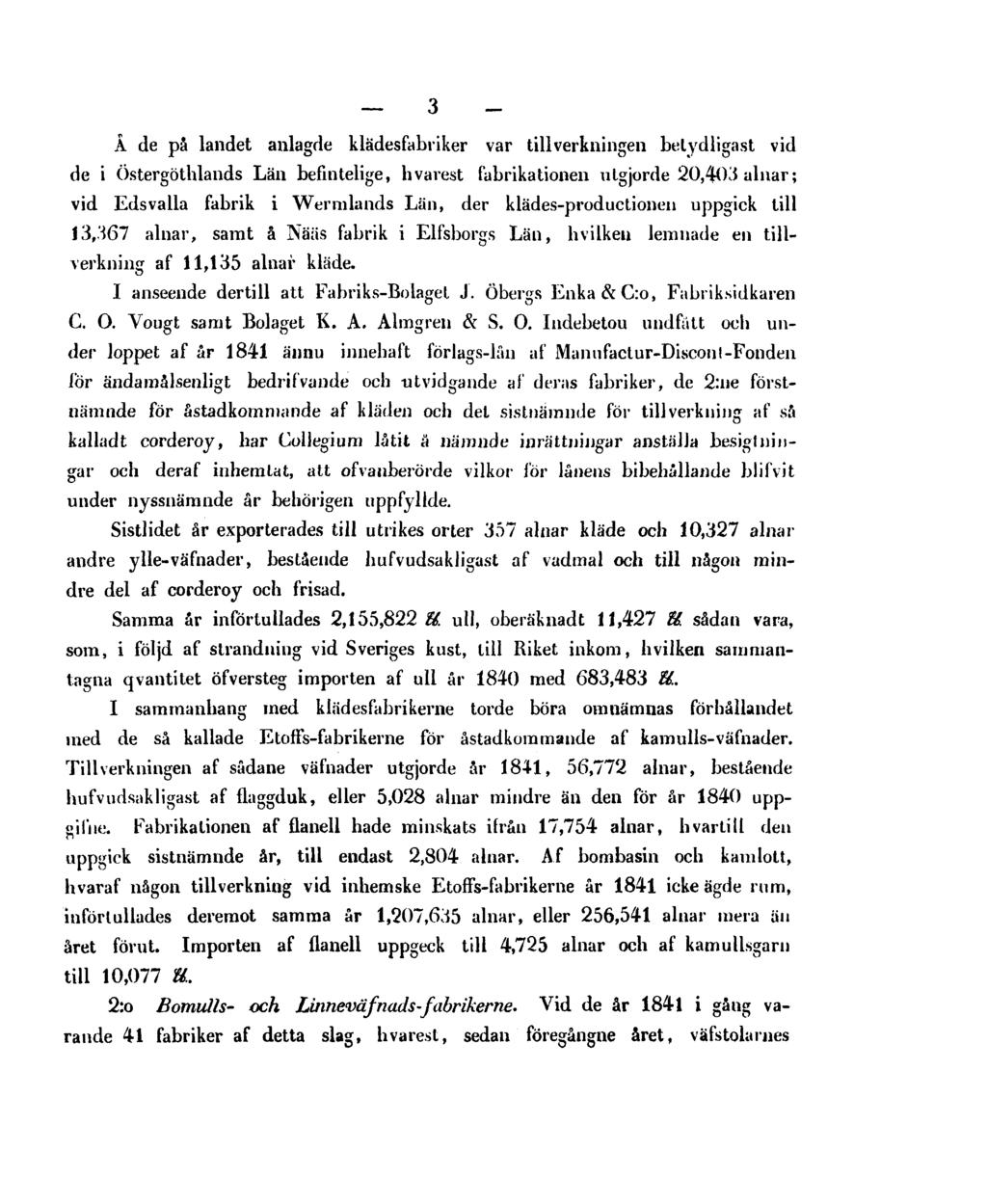 3 - Å de på landet anlagde klädesfabriker var tillverkningen betydligast vid de i Östergöthlands Län befintelige, hvarest fabrikationen utgjorde 20,403 alnar; vid Eds valla fabrik i Wermlands Län,
