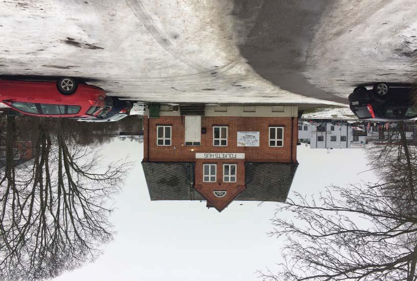 I förgrunden fågelbärsträd längs Odalvägen och till höger den klippta häck som delvis inramar