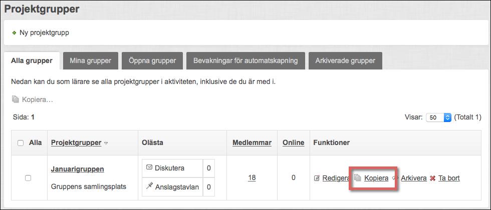 Sida 16/172 Kopiera projektgrupp För att kunna återanvända tidigare gruppindelning kan man kopiera en eller flera projektgrupper.