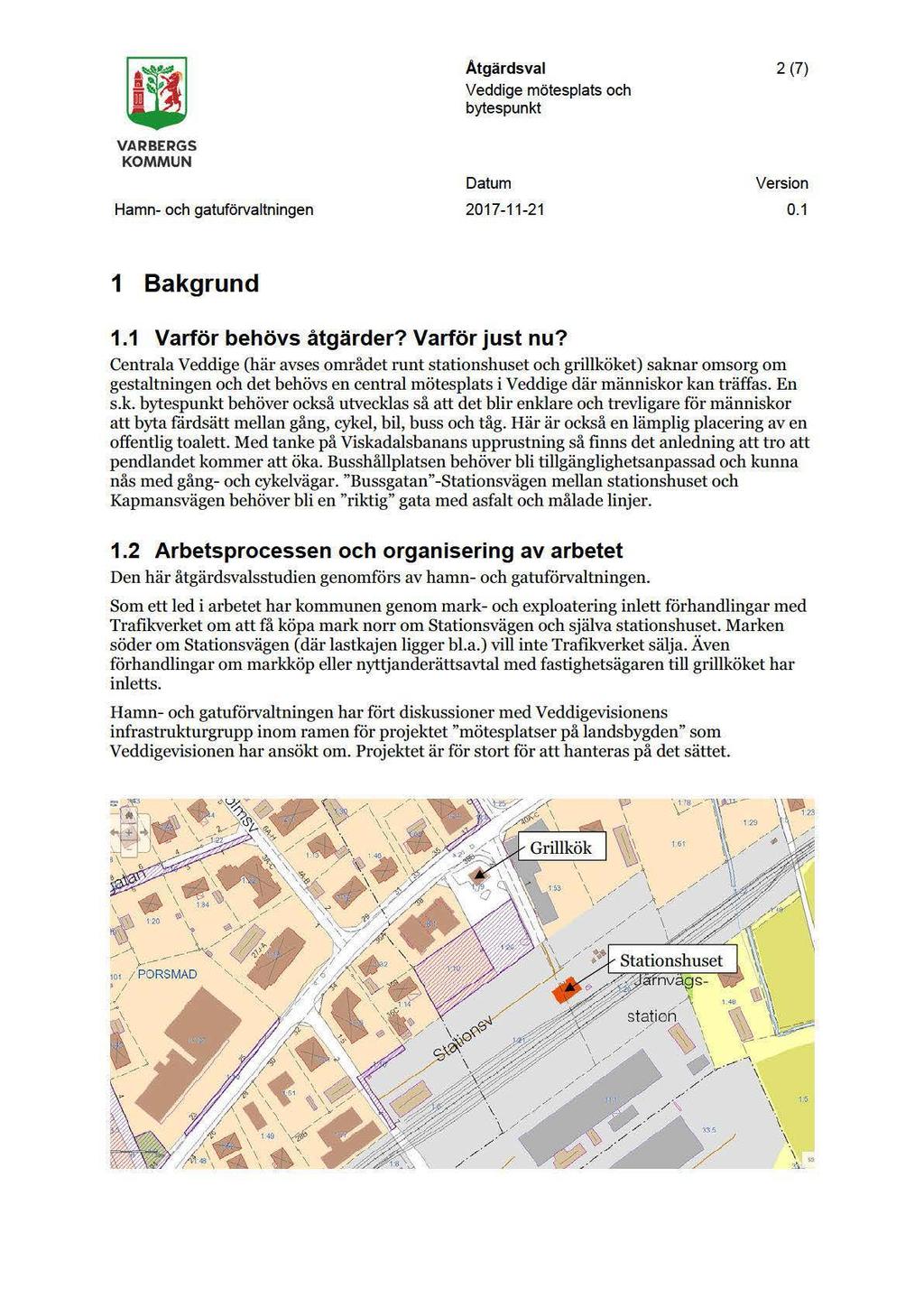 m ' Åtgärdsval 2 (7) Veddige mötesplats och bytespunkt VARBERGS KOMMUN Datum Version Hamn- och gatuförvaltningen 2017-11-21 0.1 1 Bakgrund 1.1 Varför behövs åtgärder? Varför just nu?
