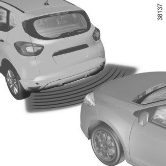 PARKERINGSASSISTANS (1/2) Funktionsprincip Ultraljudsdetektorerna, som sitter i stötfångarna bak, mäter avståndet mellan bilen och ett föremål.