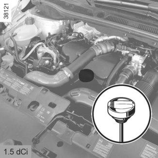 Fyll på olja (volymen mellan oljemätstickans 2 min.- och max.märken är 1,5 2 liter beroende på motor). Vänta 10 minuter efter påfyllning så att oljan hinner rinna ner i oljetråget.