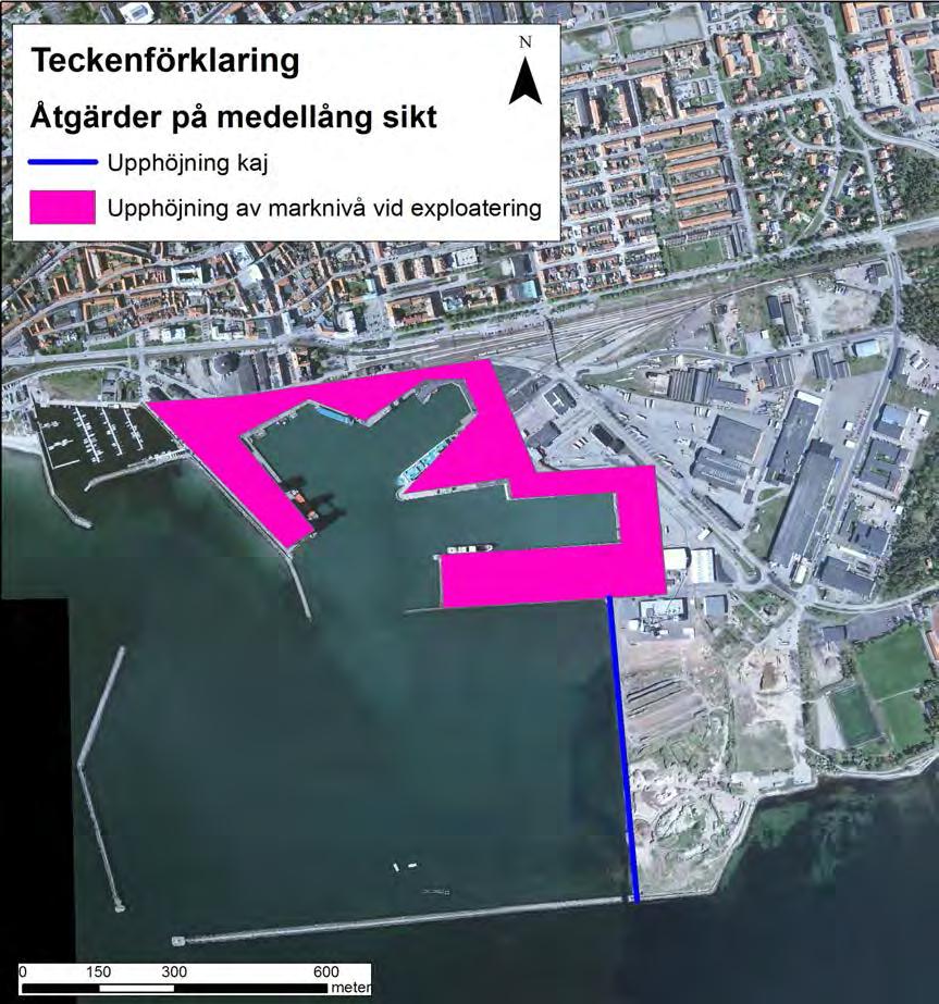 Hamnen och marinan Medellång sikt Hamnen och centrum föreslås skyddas mot översvämning i samband med exploatering av hamnområdet (Figur 6-10).