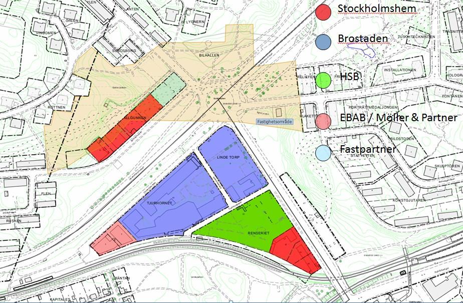 Ägande i etapp 3, beige område, Södra länkens skyddsområde, i kv Allgunnen är fastigheterna upplåtna med tomträtt Genomförandet av detaljplan för