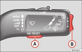 Viktig basinformation Enheter Sekundär hastighetsmätare På / Av Autohold Service Info Reset Standardinställning Använda menyerna på instrumentpanelen Bild 44 Vindrutetorkarspak: knappar för att komma