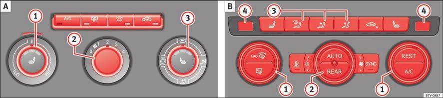 Viktig basinformation Luftkonditionering Hur fungerar luftkonditioneringen? Bild 51 Detaljerad vy över mittkonsolen: Reglage för elektronisk manuell luftkonditionering.