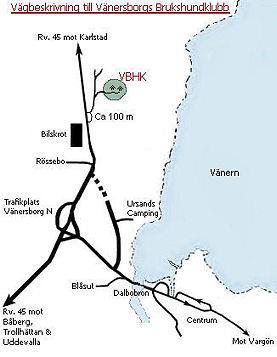 Vägbeskrivning Från Karlstad: Kör 45:an mot Vänersborg, ca 8 kilometer efter Frändefors sväng vänster vid en vägskylt som det står "BRUKSHUNDKLUBB" på.