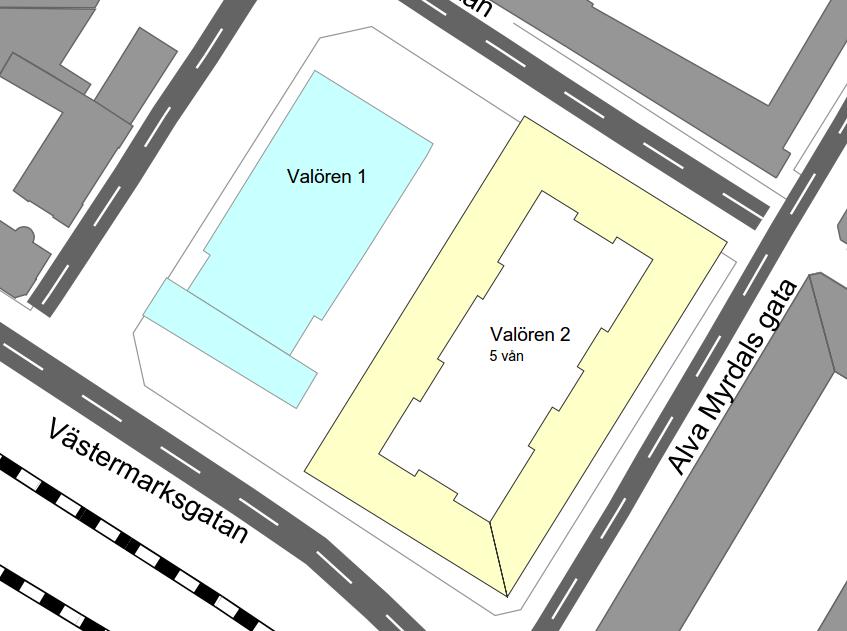 n:\104\24\1042466\trafikbullerutredning valören 160615.docx 7 (11) 4 Resultat Bullerberäkningarna har utförts för illustrerade byggnader i kvarteret Valören, se figur 2.