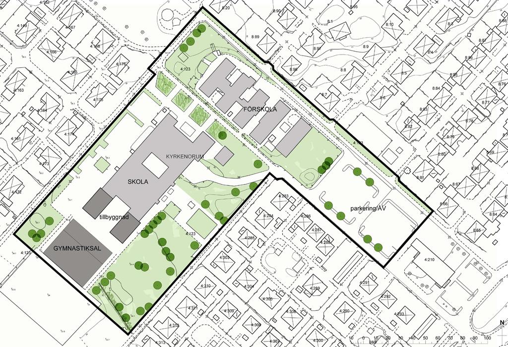 detaljplan för skola, del av Kyrkenorum 4:123 6(11) Nya byggnader inom skolområdet får uppföras med en högsta byggnadshöjd om 7 meter respektive totalhöjd på 10 meter.