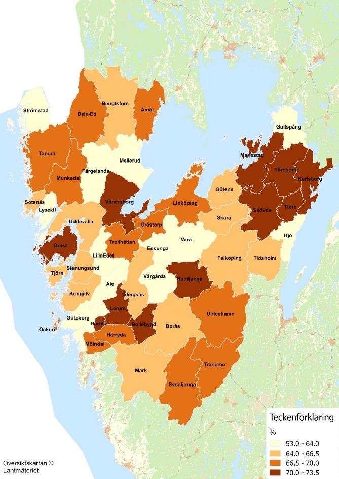 22 2.2. Högskolebehörighet Andelen som fullföljer gymnasiet inom en viss tid varierar mellan kommunerna. Figur 9 Fullföljd utbildning med examen inom 3 år, andel (%) av nybörjarelever, hemkommunen.