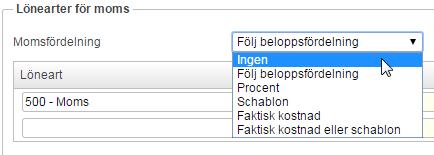 Flex HRM Travel Användarmeddelande (december 2014) 8 Ingen Ingen fördelning, all moms läggs på angiven löneart. Följ beloppsfördelning Momsen fördelas enligt beloppsfördelningen.