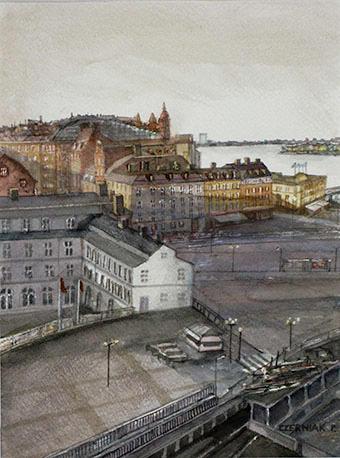 Förändringens tid IV, akvarellmålning. Genom fönstren i din lägenhet har du en fin utsikt över Stockholm. Hur stor betydelse har detta för din inspiration?