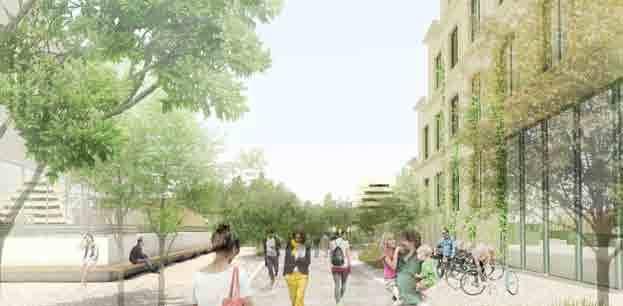 Mot vägen vänder sig även bibliotek, restauranger och caféer som tillsammans bidrar till stråkets offentliga karaktär.