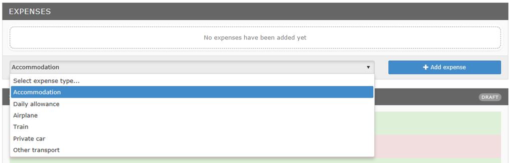 Under Expenses (kostnader) kan du lägga till typer av kostnader genom att klicka i rullgardinsmenyn Select expense type (välj typ av kostnad). Klicka sedan på Add expense (lägg till kostnad).