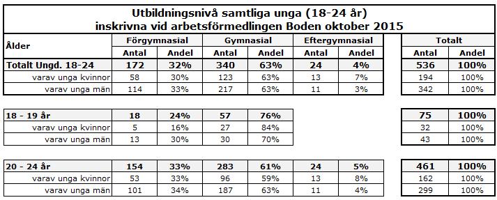 I JOB däremot har andelen unga män stigit till 80 % medan kvinnornas sjunkit till 20 %. (Källa: Statistik och Analys, v 46, 2015) 1.2.4 Utbildningsnivå Totalt 63 % av samtliga ungdomar 16-24 år hade en gymnasial utbildning i oktober 2015.