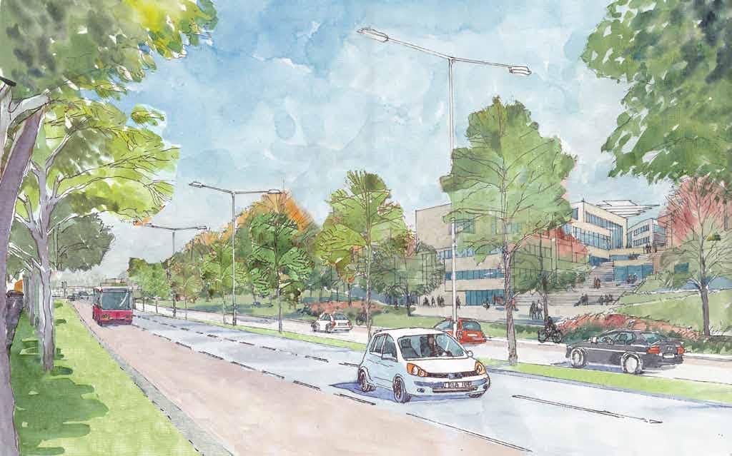 Arkitektonisk gestaltning Bebyggelse Längs Roslagsvägen På väg mot Albano norrut möter vi det nya universitetsområdet från Roslagsvägen, på höger sida träder institutionsbyggnaderna fram med sina