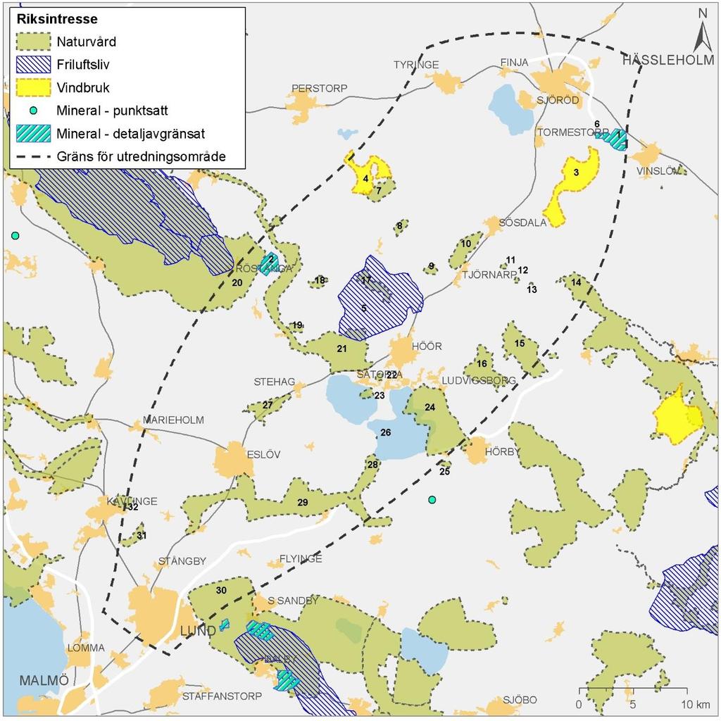 Figur 10. Kartan redovisar utredningsområdet med riksintresseområde för naturmiljö, friluftsliv, mineral och vindbruk.