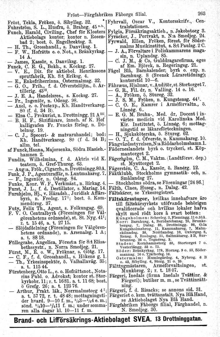 FröstFärgfabriken Fåborgs filial. 263 Fröst, Tekla, Fröken, ö. Sibylleg. 32. Fyhrvall, Oscar V., Kontorsskrifv., Cen Fuhrström, S. L., Husfru, ö. Braheg. 45 n.b.. tralstationen.
