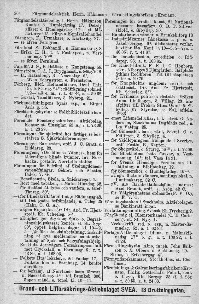 264 Färghandelsaktieb. Herm. HåkansonFörnicklingsfabriken»Kronan». Firghandelsaktiebolaget Herm. Håkanson, Föreningen för Grafisk konst, Bl. National Kontor ö. Humlegårdsg. 17.