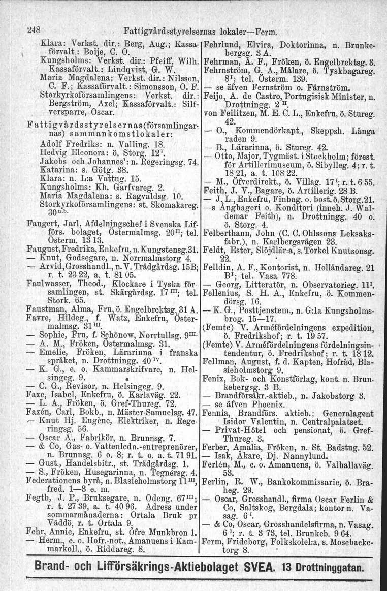 248 Fattigvårdsstyrelsernas lokalerferm. Klara: Verk st. dir.: Berg, Aug.: Kassa Fehrlund, Elvira, Doktorinna, n. Brunkeförvalt. : Boije, C. O. bergsg. 3 A: Kungsholms. Verkst. dir.: Pfeiff, Wilh.