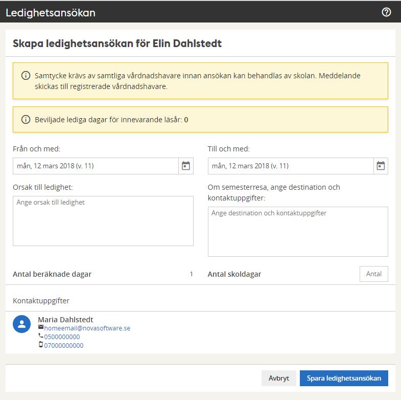 Antal beräknade dagar visar hur många dagar som ingår i det valda datumintervallet. I fältet Antal skoldagar ska antalet faktiska skoldagar för eleven som ansökan gäller fyllas i.