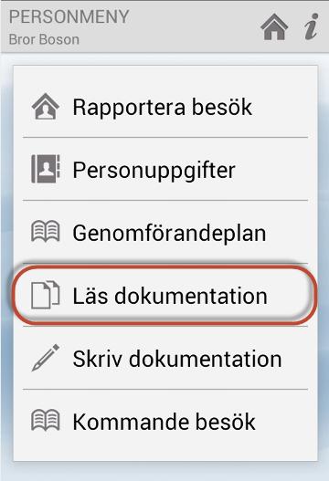 Tryck på Läs dokumentation. Om det endast finns en beställning kommer du direkt till vyn Välj rubrik. Om kunden har flera insatstyper (som du har behörighet till) så måste du välja en insatstyp.