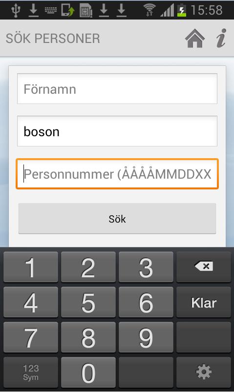 Sökning kan göras på hel eller del av förnamn, efternamn och personnummer. På ett av fälten eller två eller tre fält i kombination.