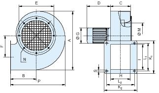 Radialfläktar ENG/DNG, Stl 8-15 Mått mm stl 8-9 stl 10-15 Typ A B C D (+TS) E F G H I K K1 K2 L L1 L2 M N P(P1) S T U V1 V2 X Y 8-7,5 293 133 63 169(208,5) 212 124 112 57 59 x 85 85 x 70 70 161 M5