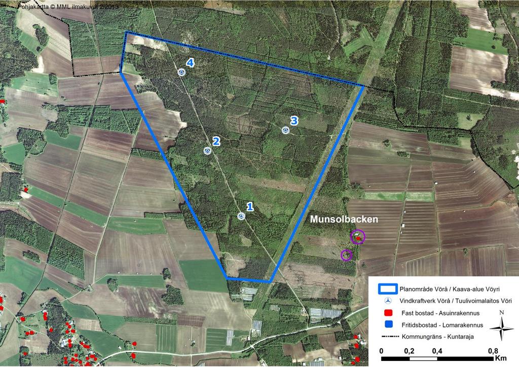 FCG DESIGN OCH PLANERING AB PLANBESKRIVNING 8 (86) Figur 4. Enligt Lantmäteriverkets databas finns den närmaste bostaden på ett avstånd av 850 meter öster om kraftverk nr 1.