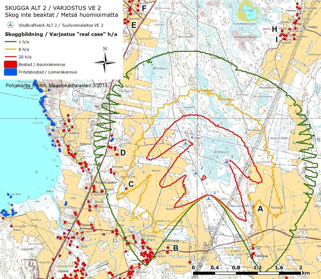 FCG DESIGN OCH PLANERING AB PLANBESKRIVNING 49 (86) Tabell 10. Modellerade skuggtimmar per år till närliggande objekt real case, no forest.