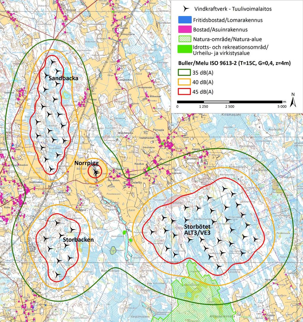 FCG DESIGN OCH PLANERING AB PLANBESKRIVNING 72 (86) Figur 30. Gemensam bullermodellering för vindkraftparkerna Storbacken, Sandbacken, Storbötet och Norrpig.