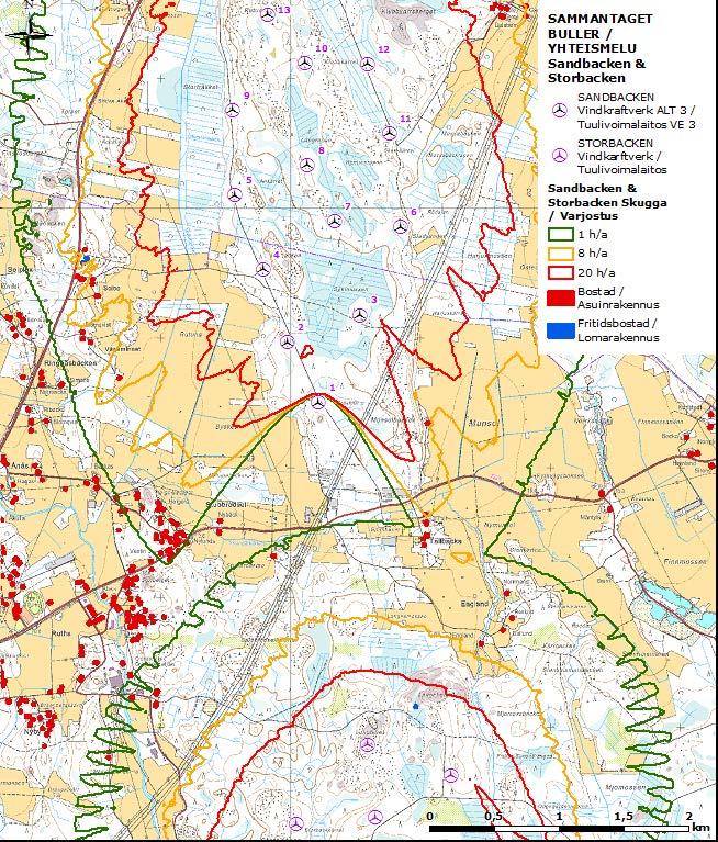 FCG DESIGN OCH PLANERING AB PLANBESKRIVNING 74 (86) Figur 31. Sammantagna skuggningskonsekvenser för Sandbacka och Storbacka vindkraftparker. (Källa: Sandbacka MKB-beskrivning 2014) 11.17.