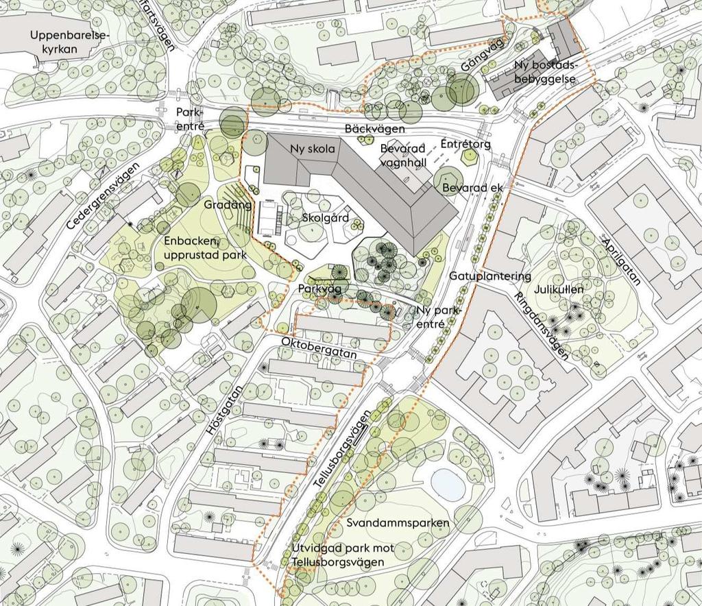 Gränsen mellan park och skolgård placerades utifrån en avvägning mellan behovet av både park- och skolgårdsyta.