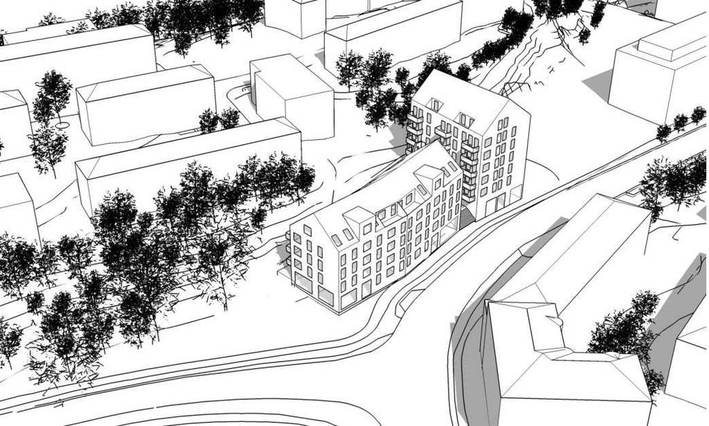 Förslaget innebar en lamell i fem våningar (varav en takvåning) med långsidan längs gatan och ett tvärställt hus i sju våningar (varav en takvåning).