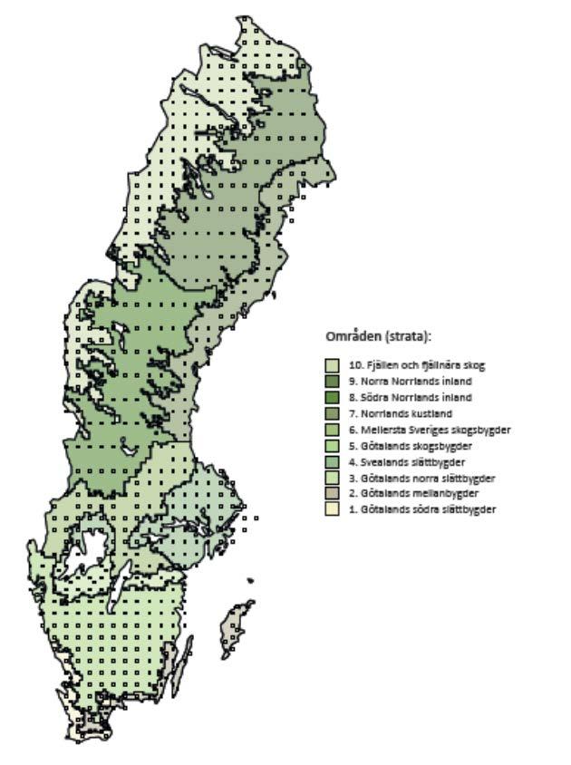 Figur 21. Geografiska regioner som används i NILS (Nationell inventering av landskapet i Sverige).