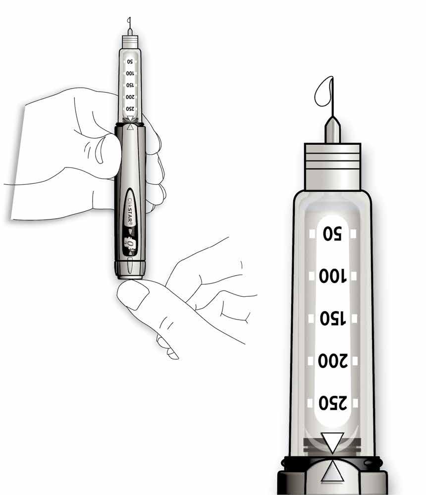 tillbaka ampullhylsan tills den klickar fast. Se till att kontrollmarkeringarna pekar mot varandra. på en nål rakt på pennan.