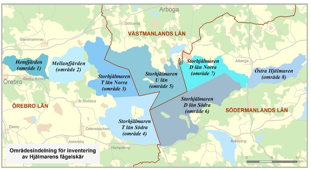 Figur 1. Kartan visar indelningen av Hjälmaren i inventeringsområden. Den visar också var länsgränserna går. Tabell 1. Inventerare av Hjälmarens fågelskär år 2017.