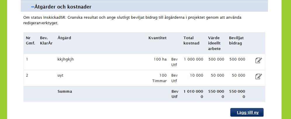 För varje åtgärd skapas en ny rad. Sökt bidrag för åtgärderna summeras.